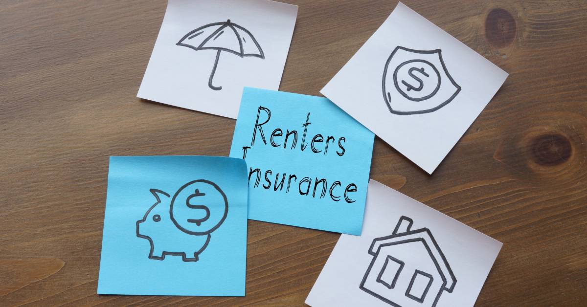 The phrase "renters insurance" is written on a blue sticky note. Other notes shows doodles of a piggy bank, umbrella, and a house.