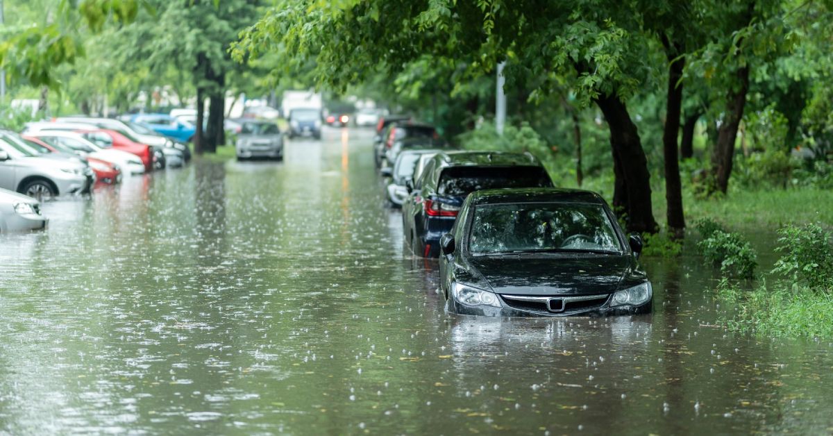 A flooded street with a row of parked cars submerged in water with other submerged parked vehicles in the background.